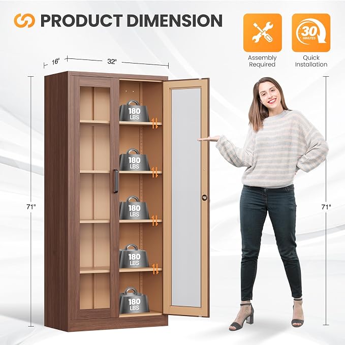 Locking Display Cabinet with Glass Door, 71”H Metal Curio Cabinets with - Image 3