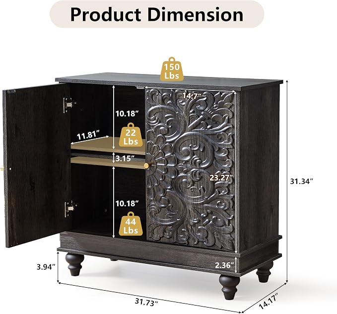 weselon Accent Cabinet with 2 Doors, Classic Carved Storage Sideboard Buffet - Image 2