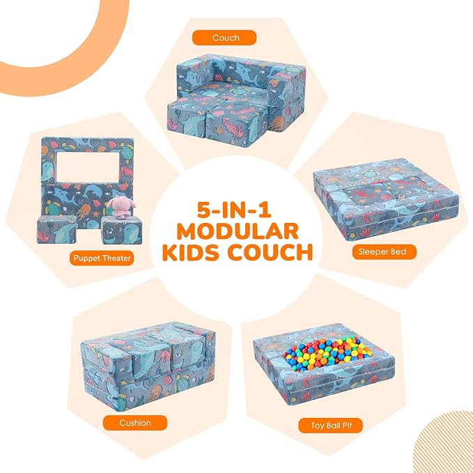 MeMoreCool Mermaid Glow-in-the-Dark Kids Play Couch, Denim Mermaid Modular - Image 4