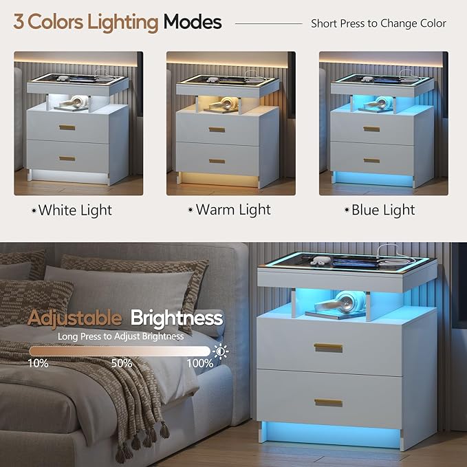 LED Nightstand Set 2 with Wireless Charging Station, Glass Top Smart Bedside - Image 5