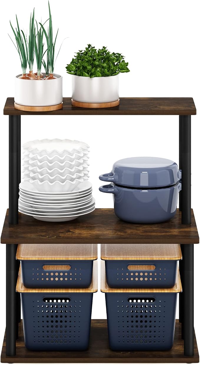 Furinno Turn-N-Tube 3-Tier Toolless Kitchen Storage Shelf, Amber Pine/Black - Image 4