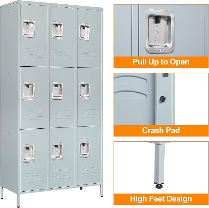Metal Locker with 9 Doors Employees Locker, Metal Storage Locker with Hooks - Image 5