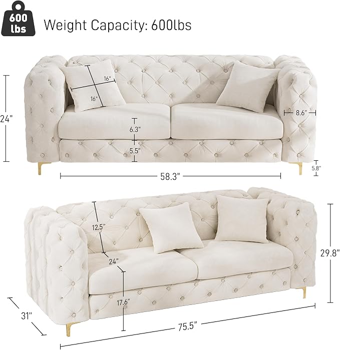 DAMAIFROM 75" Sofa Couch Mid Century Modern Velvet Couch Tufted Button Sofa - Image 2