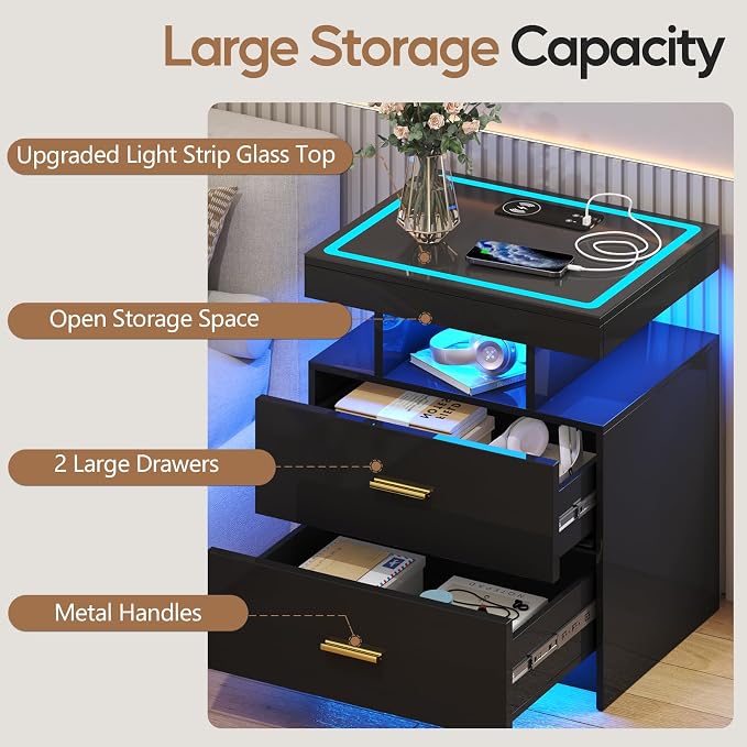 LED Nightstand Set 2 with Wireless Charging Station, Glass Top Smart Bedside - Image 5
