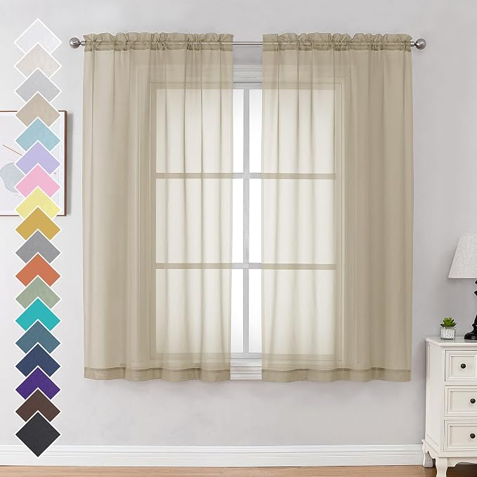 OVZME Taupe Sheer Curtains 63 Inches Long 2 Panels by OVZME