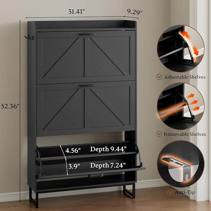 BORNOON Shoe Cabinet with 3 Flip Drawers Narrow Shoe Storage Cabinet Organizer - Image 2