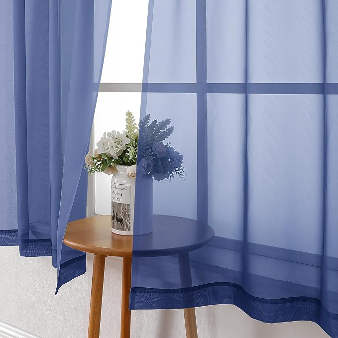 Lecloud Royal Blue Sheer Curtains 36 Inch Length 2 Panels, Solid Voile Cafe - Image 9