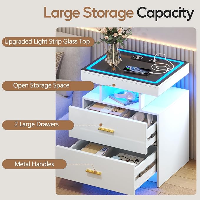 LED Nightstand with Wireless Charging Station, Glass Top Smart Bedside Table - Image 6