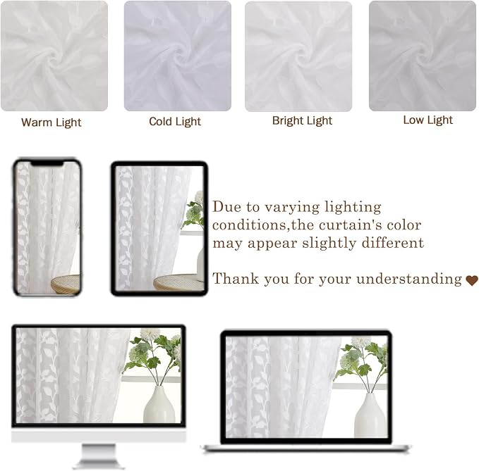 Chyhomenyc White Sheer Curtains 36 Inch Length, Light Filtering Leaf Tufted - Image 8