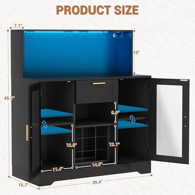 Unikito Wine Bar Cabinet with LED Light, Liquor Cabinet with Wine Rack and - Image 2