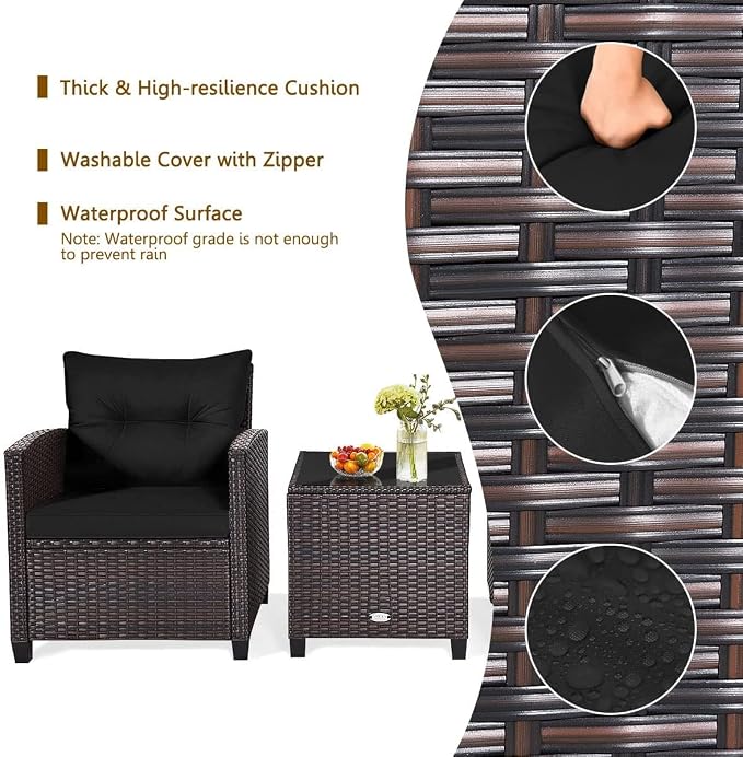 HAPPYGRILL 3 Pieces Patio Conversation Set, Outdoor Furniture Set PE Rattan - Image 4
