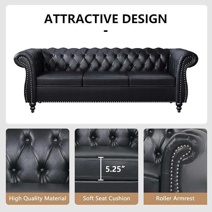 AVZEAR Chesterfield Leather Sofa 3 Seater Couch, Mid-Century Large Sofa Roll - Image 5