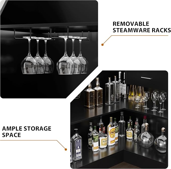 L-Shaped Home Bar Unit with Power Outlet, 4-Tier Corner Liquor Bar Cabinet with - Image 3