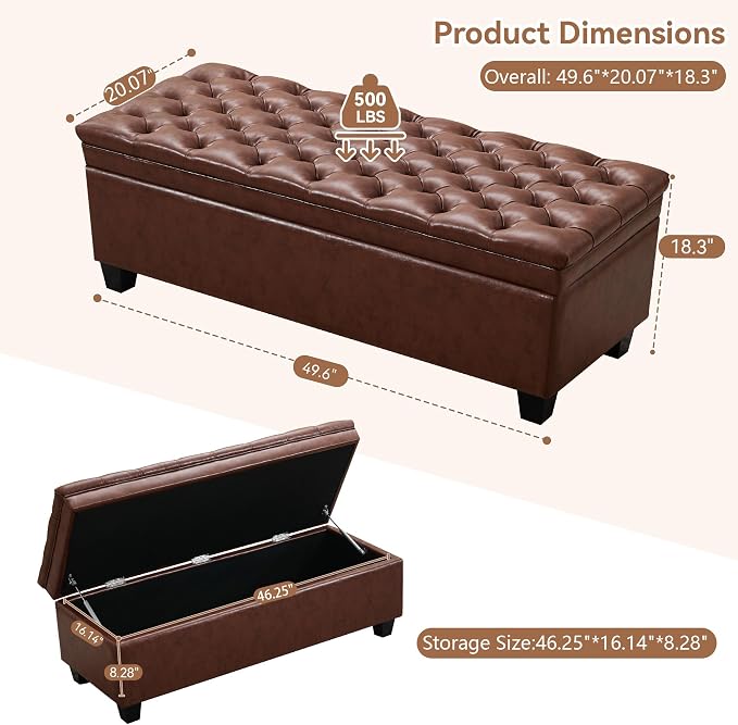 WUTUTUEE 50" Faux Leather Storage Ottoman Bench, Upholstered Rectangle End of - Image 2