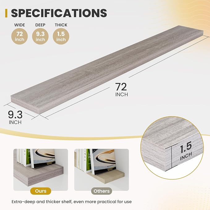 Acovy 72 Inch Floating Shelves, 9.3" Deep Floating Shelf Wall Mounted, Rustic - Image 3