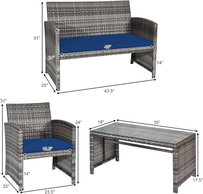 Tangkula 4 PCS Wicker Patio Conversation Set, Outdoor Rattan Sofas - Image 5