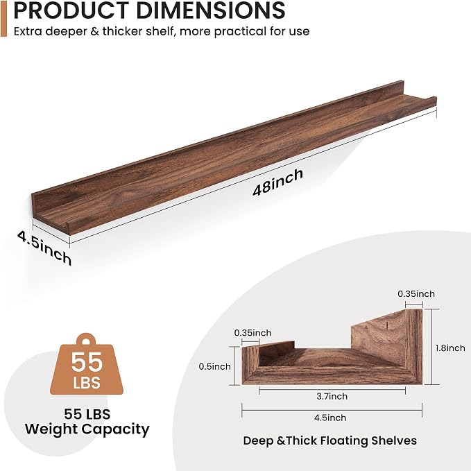Fun Memories Picture Ledge Shelves Set of 2, 48 Inch Rustic Wall Mounted - Image 2