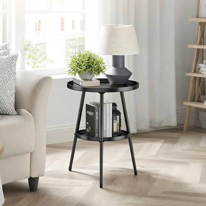 Side Table 2-Tier Small Round End Table Metal Black Accent Table - Image 4
