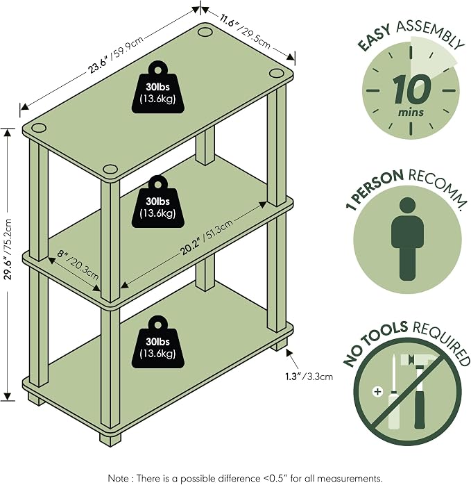 Furinno TURN-S-TUBE Storage Shelves Set of 2, 3-Tier Book Shelf, Corner Shelf - Image 3