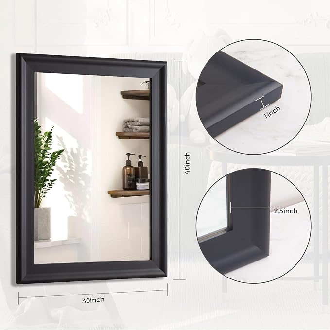 Black Wood Mirror for Bathroom, Rectangle Rustic 30 x 40 inch Vanity Mirror for - Image 7