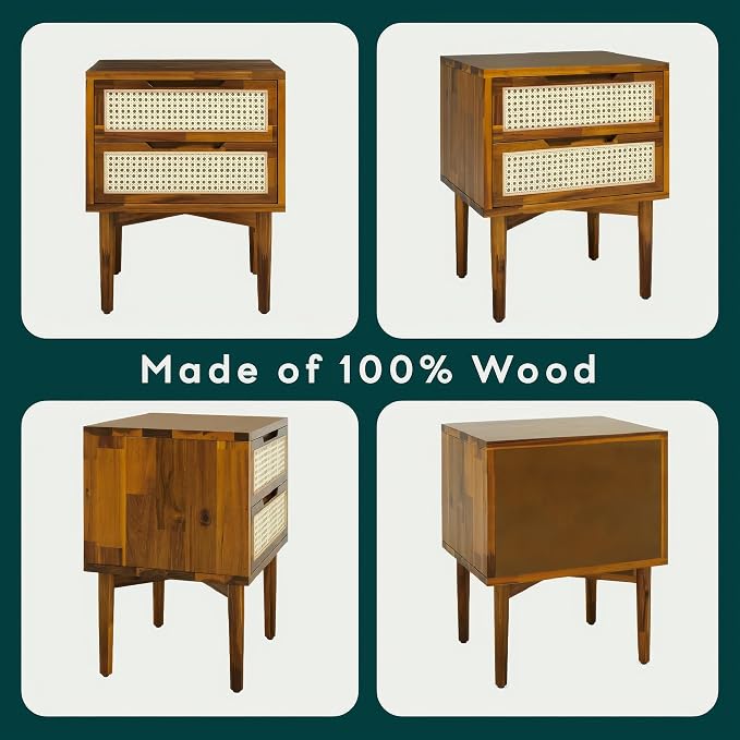 Bme Oliver Solid Wood Rattan Nightstand/Side Table/End Table, Fully Assembled - Image 6