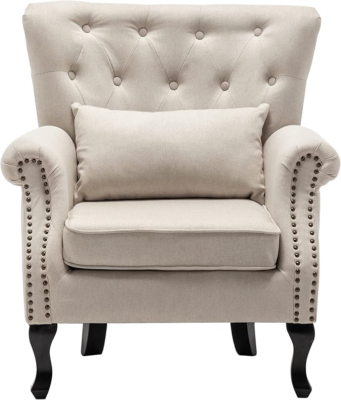 Mid Century Accent Chair for Living Room, Linen Fabric Button Tufted Armchair by DMFurniture