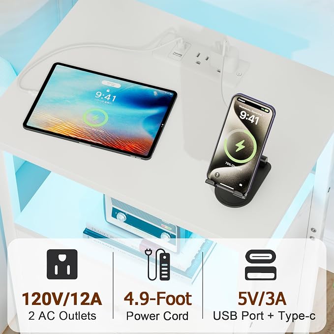 LOAKEKEL LED Night Stand with Charging Station, Small Bedside Table with USB - Image 5