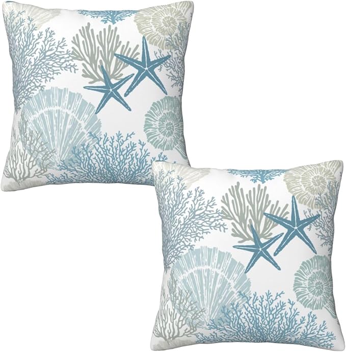 Nautical Coastal Throw Pillow Covers 20x20 Set of 2, Beach Themed Ocean by Tebjh