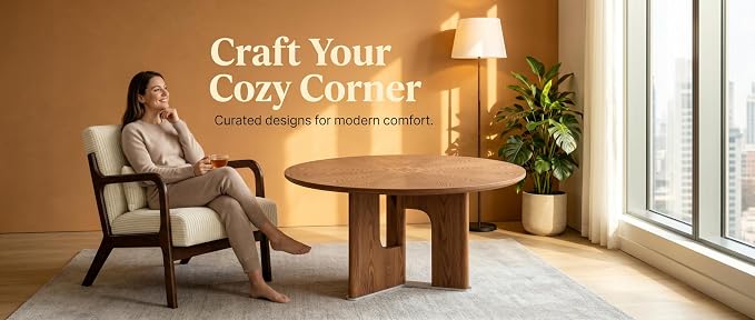 Mid-Century Modern Living Room Set – 31.5" Round Rustic Ash Wood Coffee Table & - Image 6