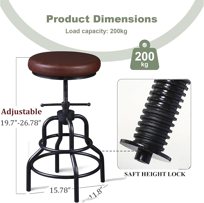 LOKKHAN Industrial Bar Stools-Swivel Leather Metal Bar Stool-20-27 Inch Tall - Image 3