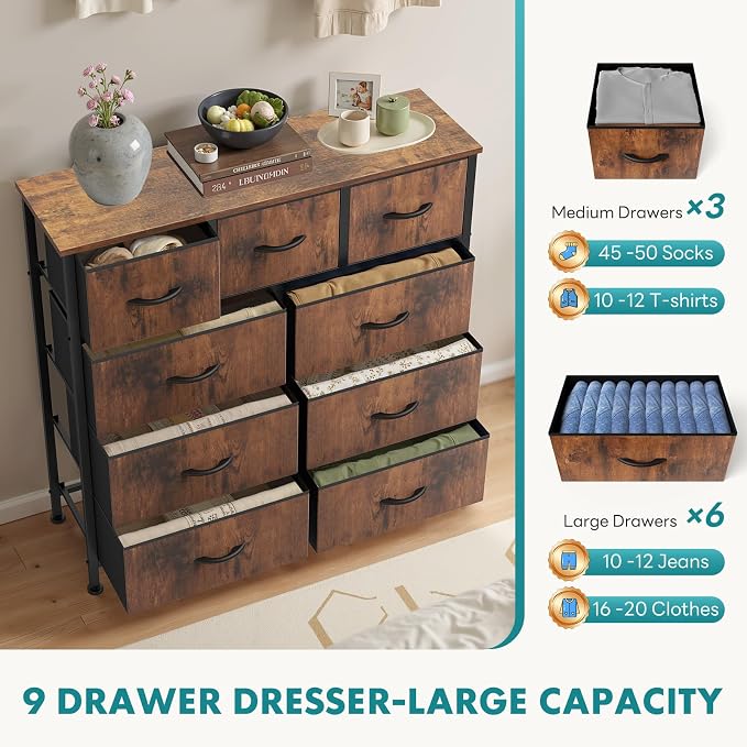 OLIXIS Dresser for Bedroom, 9 Storage Drawers, Wide Fabric Closet Chests - Image 6