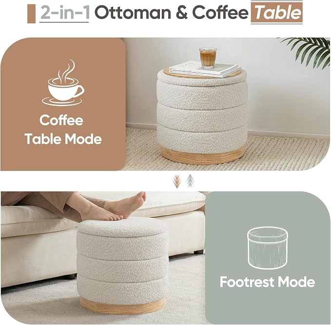 Round Storage Ottoman with Reversible Tray Lid, Folding Chenille Fabric - Image 5