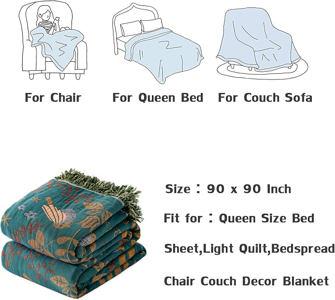 LUTBM Queen Throw Blanket for Bed 100% Cotton Boho Soft Quilt Birds and Floral - Image 7