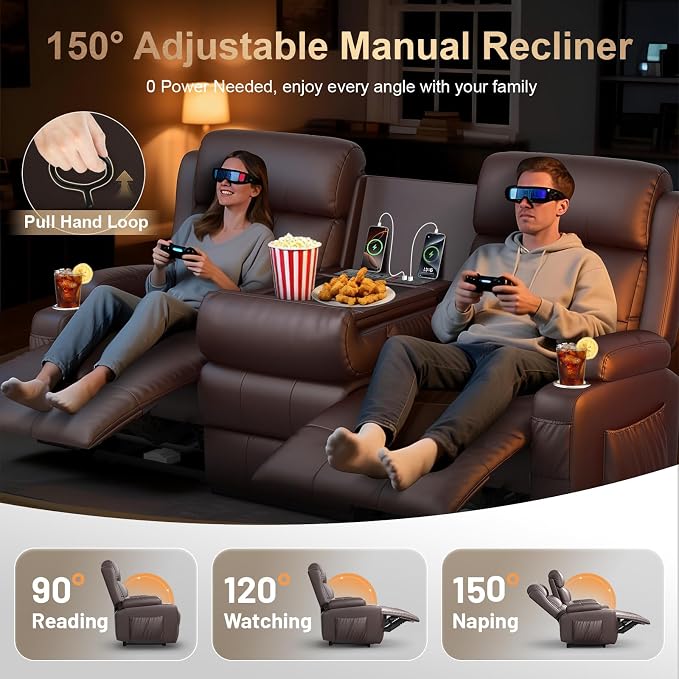 3-Seater Loveseat Recliner Sofa, RV Wall Hugger Home Theater Seating Reclining - Image 3