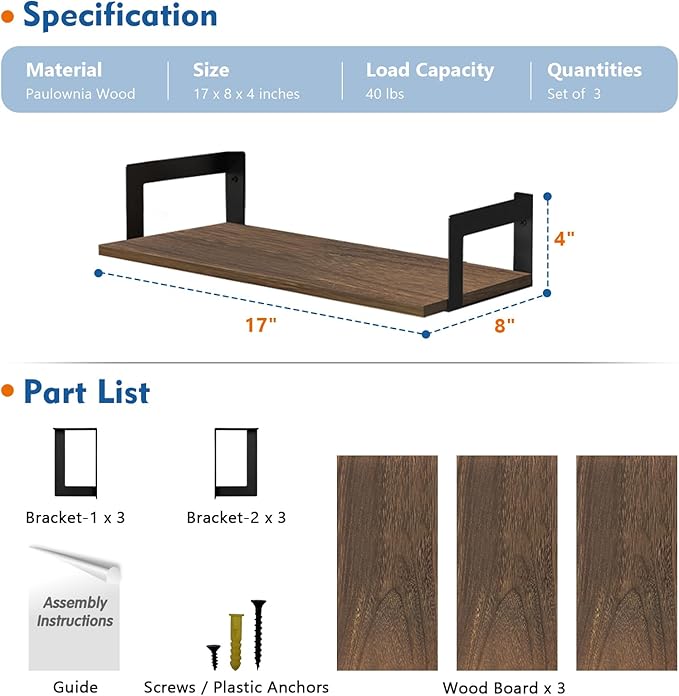 Harwaya Floating Book Shelves for Wall Set of 3, 17 x 8 Inch Deep Wooden Wall - Image 3
