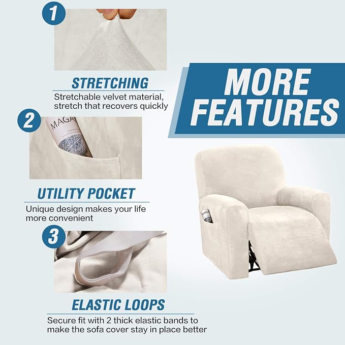 H.VERSAILTEX Velvet Stretch Recliner Couch Covers 4-Pieces Style Recliner Chair - Image 4