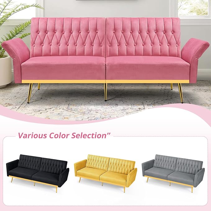 70” Velvet Futon Sofa Bed with 2 Pillows and Adjustable Armrests, Convertible - Image 7