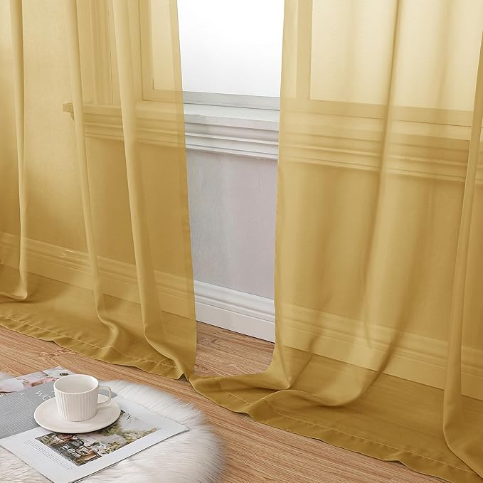 Aiyufeng Gold Sheer Curtain 96 Inches Long 2 Panels Set, Light Filtering Gold - Image 8