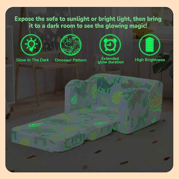 MeMoreCool Glowing Dinosaur Kids Chair, 2-in-1 Convertible Kids Couch Fold Out - Image 4
