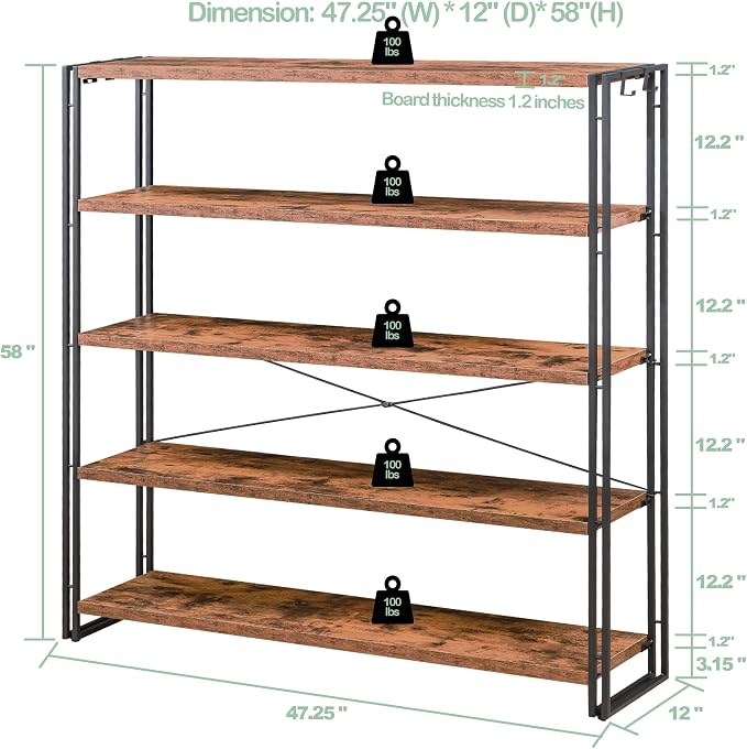 HCHQHS Bookshelf, 5-Tier Industrial Bookcase, Rustic Open Book Shelf, - Image 3