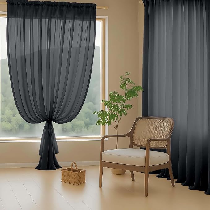 Black Sheer Curtains 216 Inches Long, Extra Long Elegant Light Filtering Voile - Image 8