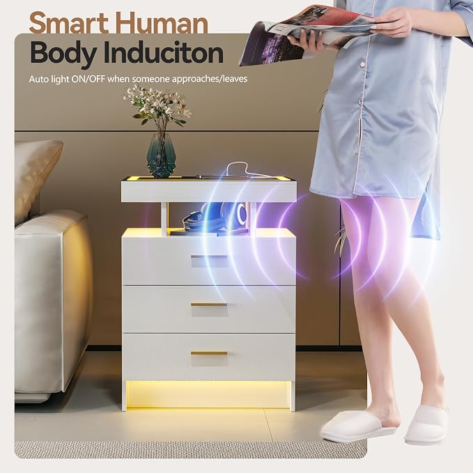 White Night Stand with Wireless Charging Station, Smart Bedside Table with 3 - Image 4