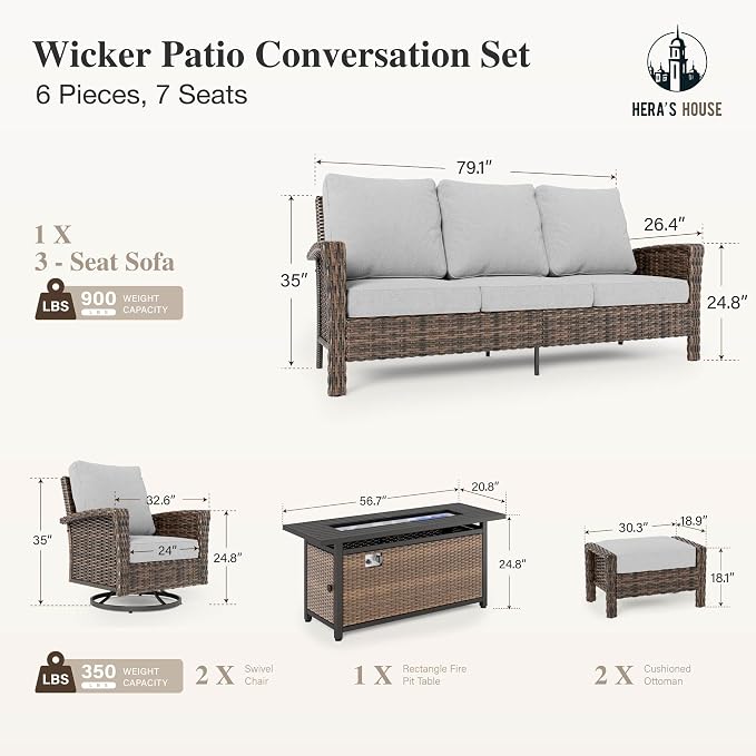 HERA'S HOUSE Grey Patio Furniture Set, High Back Wicker Sofa, Swivel Chairs - Image 6