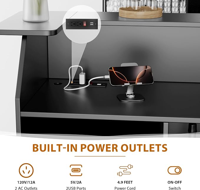 L-Shaped Home Bar Unit with Power Outlet, 4-Tier Corner Liquor Bar Cabinet with - Image 7