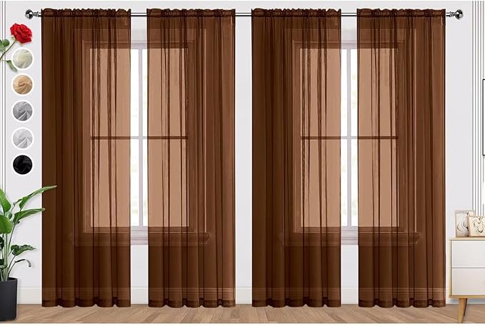 SpaceDresser Brown Sheer Curtains 4 Panels Rod Pocket Semi-Sheer Curtain 72 by SpaceDresser