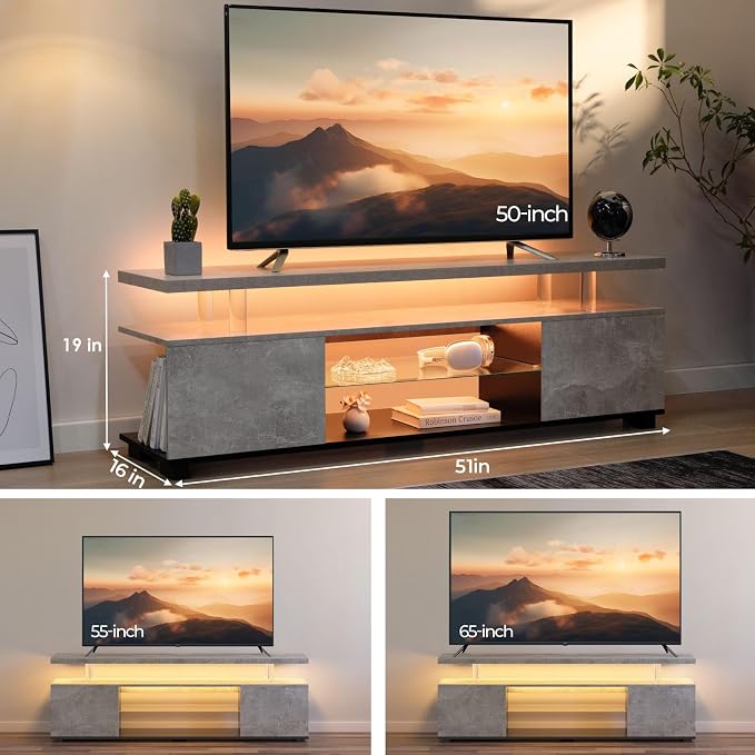 Cubehom Grey TV Stand, LED TV Stand Modern Entertainment Center - Image 2