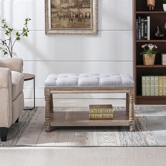Farmhouse Storage Bench Wooden Entryway Linen Upholstered Ottoman Button Tufted - Image 4