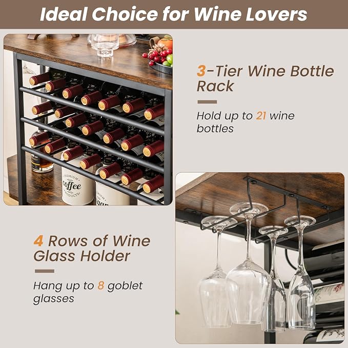 COSTWAY Wine Bar Cabinet, 3-Tier Liquor Cabinet - Image 5