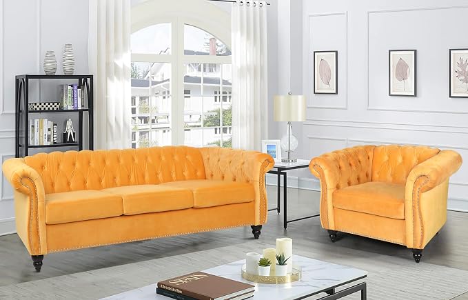 RARZOE Modern 2 Pieces Living Room Sofa Set, Contemporary Tufted Button Velvet by RARZOE