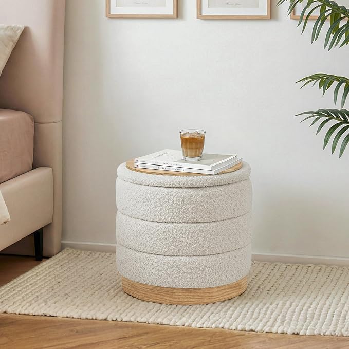 Round Storage Ottoman with Reversible Tray Lid, Folding Chenille Fabric - Image 2
